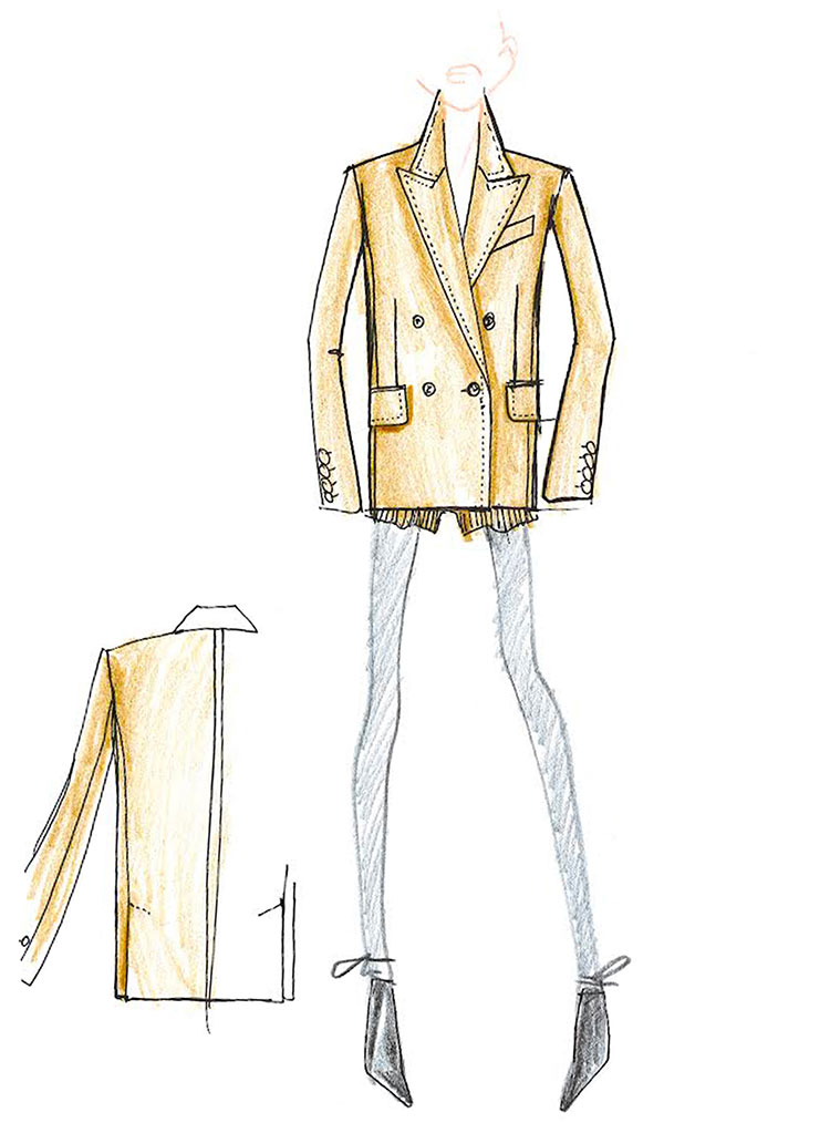 Illustration du croquis créatif de la Olimpia Jacket de Max Mara couleur chameau en tenue complète. 